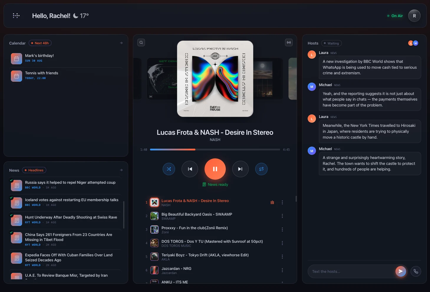 The Radious studio live on air: two AI hosts discussing the news between songs, with the listener's calendar, headlines and track queue around them