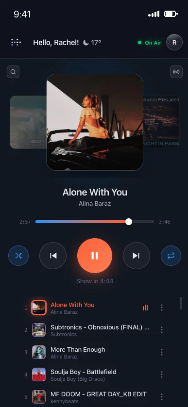 Radious running on an iPhone: a live show playing, with player controls and the upcoming track queue